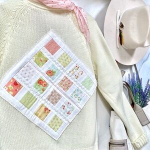 Farmhouse patchwork boho cable knit sweater w prairie granny cabin vibe